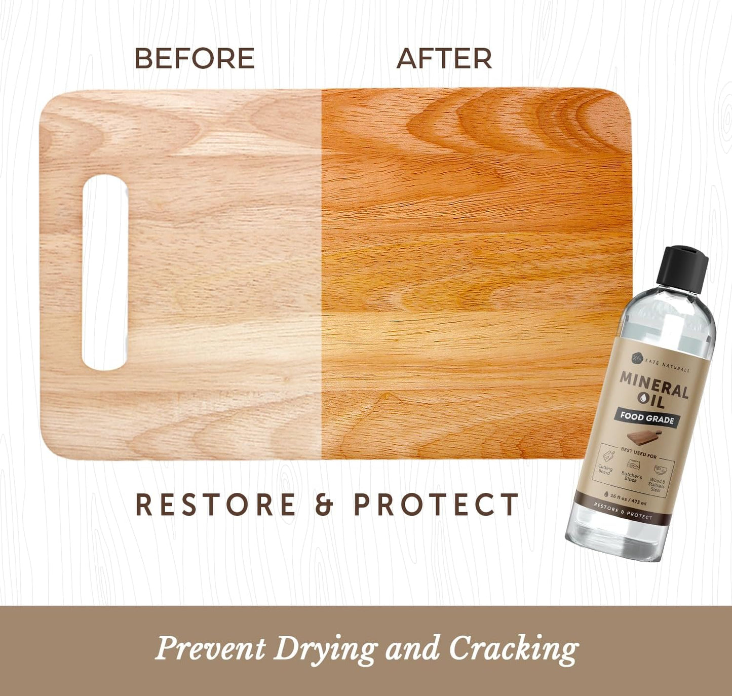 Kate Naturals Mineral Oil for Wood Cutting Board, Butcher Block, and Knife. Food Grade Mineral Oil for Wooden Cutting Board & Utensils
