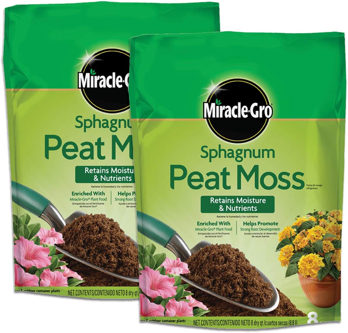 Miracle-Gro Sphagnum Peat Moss - Enriched with Plant Food, Add to Potting Mix and Native Soil, 8 qt. (2-Pack)