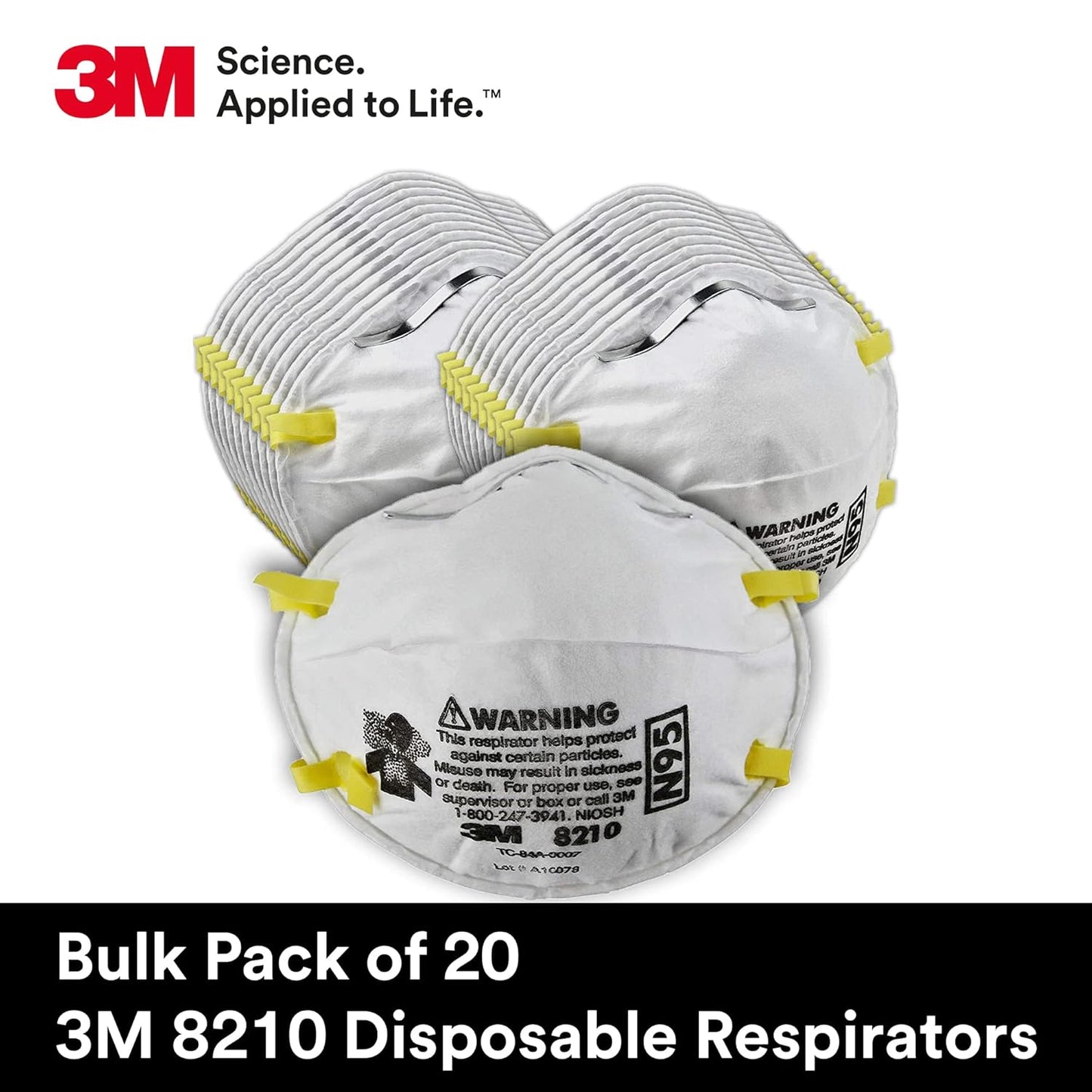 3M 8210 Particulate Respirator, N95, Pack of 20 Disposable Respirator, NIOSH APPROVED, Two-Strap Cup Style