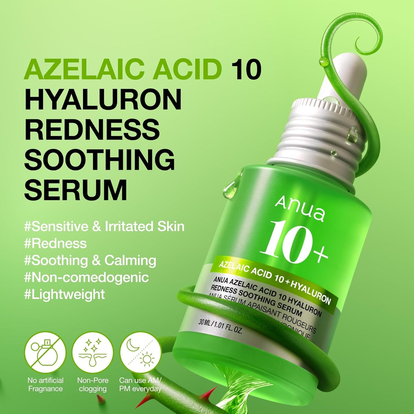 Anua Azelaic Acid 10 Hyaluron Redness Soothing Serum, Facial Serum for Blemish-Prone & Oily-Prone Skin, Lightweight & Hydrating Blemish