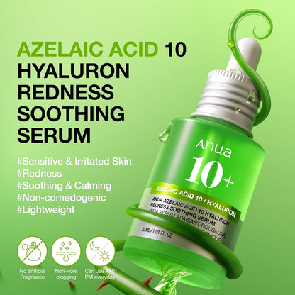 Anua Azelaic Acid 10 Hyaluron Redness Soothing Serum, Facial Serum for Blemish-Prone & Oily-Prone Skin, Lightweight & Hydrating Blemish