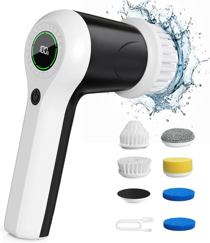 PUFTEM Electric Spin Scrubber, Cordless Shower Scrubber with Battery Level Display, 2 Speeds Electric Scrubber for Cleaning with 6 Replaceable
