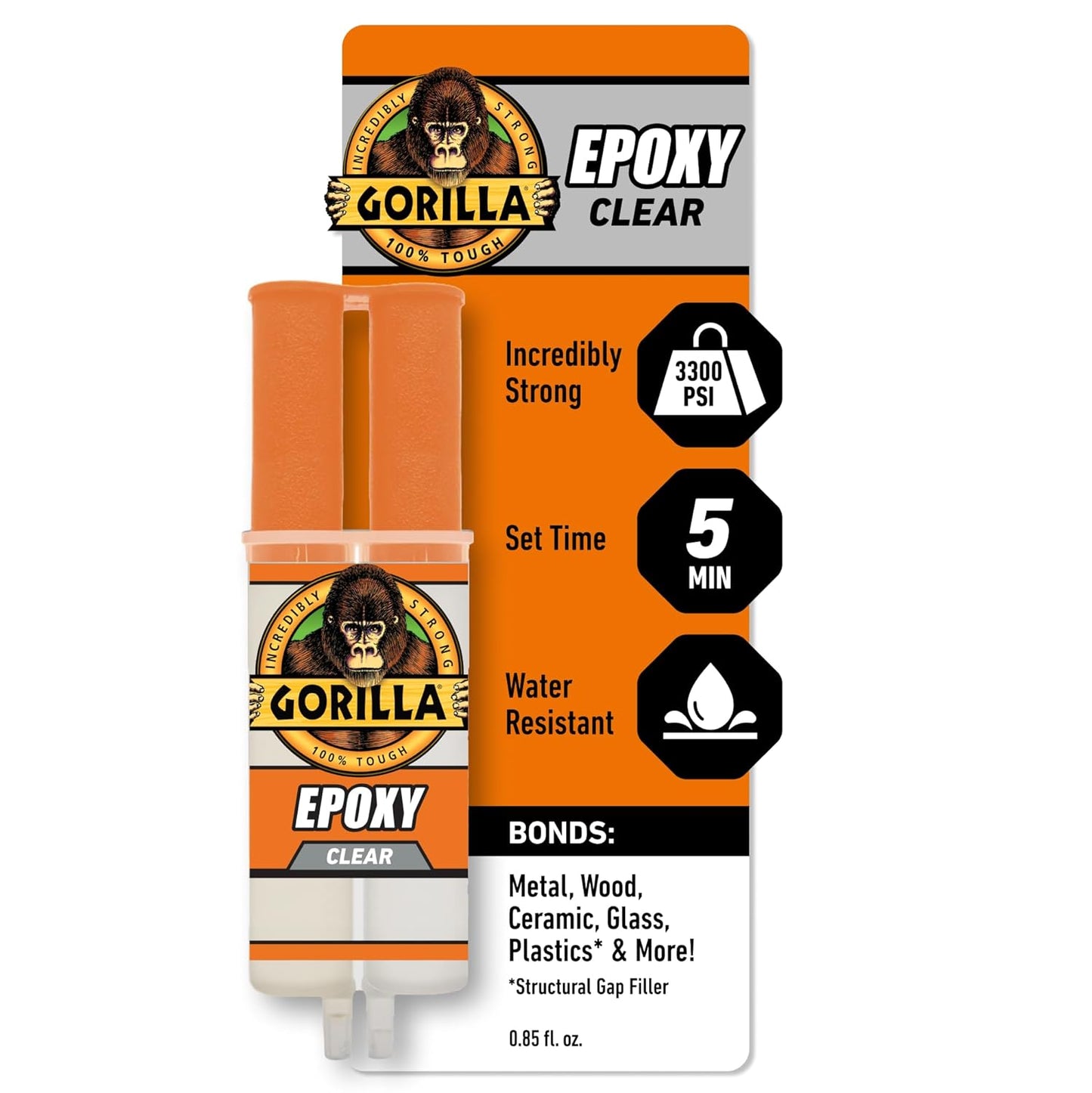 Gorilla 2 Part Epoxy, Clear Epoxy, 0.85 Ounce Syringe - 5 Minute Set, Incredibly Strong Bonding