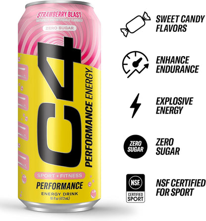 C4 Performance Energy Drink, Strawberry Blast, Zero Sugar Carbonated Preworkout Energy, 200mg Caffeine with Beta Alanine, 16 Fl Oz (12 Pack)