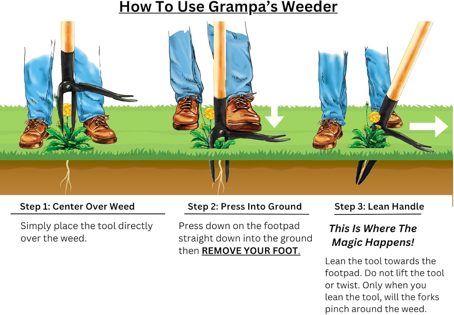 Grampa's Weeder - The Original Stand Up Weed Puller Tool with Long Handle - Made with Real Bamboo & 4-Claw Steel Head Design - Easily Remove Weeds