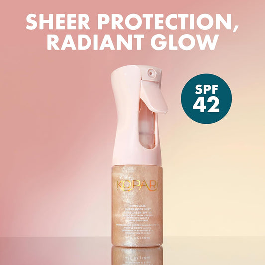 Kopari Rose Gold Sunglaze Sheer Body Mist Sunscreen SPF 42, Infused with Shimmering Body Oil, Hydrating Mist, Hydrates, Brightens, Makeup