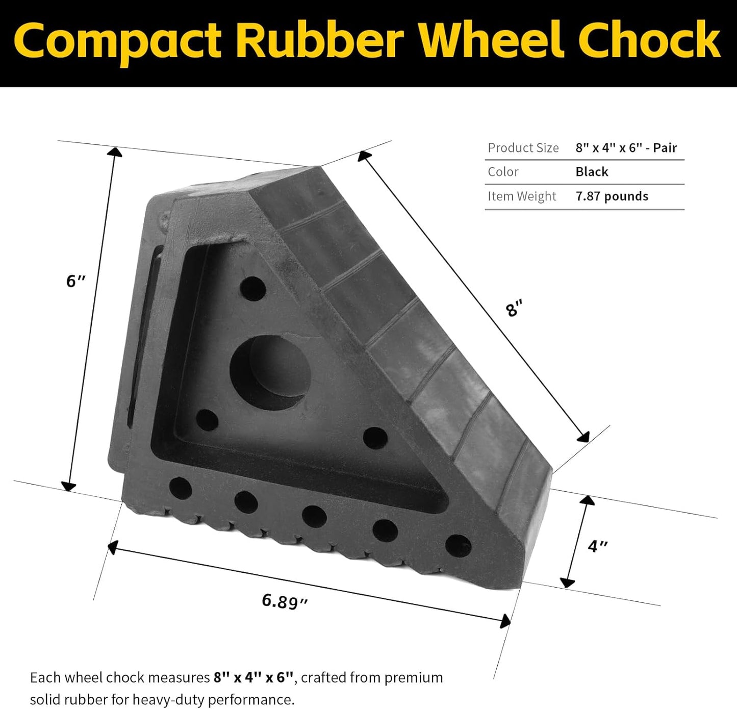 MaxxHaul Solid Rubber Wheel Chock 2-Pack, 8" x 4" x 6" Heavy-Duty Tire Stop, Non-Slip Traction Pads, Built-In Handle, All-Weather Vehicle Safety Block