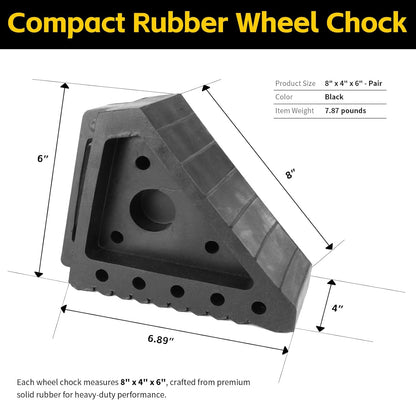 MaxxHaul Solid Rubber Wheel Chock 2-Pack, 8" x 4" x 6" Heavy-Duty Tire Stop, Non-Slip Traction Pads, Built-In Handle, All-Weather Vehicle Safety Block