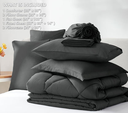 CozyLux Queen Comforter Set Dark Grey - Bed in a Bag Queen Size 7 Pieces, Luxury Soft Bed Set for All Seasons, Bedding Set with Comforter
