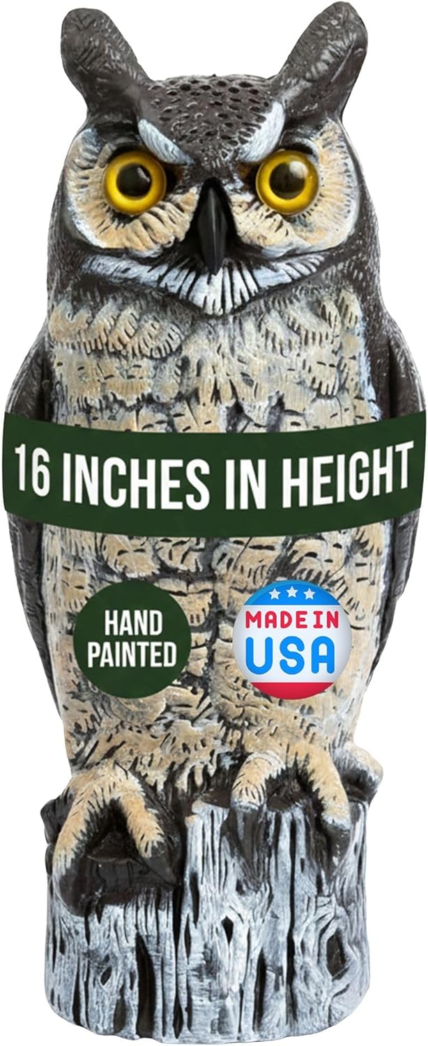 Dalen Large Fake Owl Decoy to Scare Birds Away - 16 in Hand-Painted Great Horned Owl Garden Scarecrow for Natural Pest Control - Fixed Head Design -