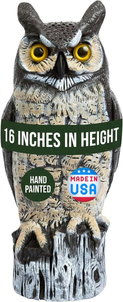 Dalen Large Fake Owl Decoy to Scare Birds Away - 16 in Hand-Painted Great Horned Owl Garden Scarecrow for Natural Pest Control - Fixed Head Design -