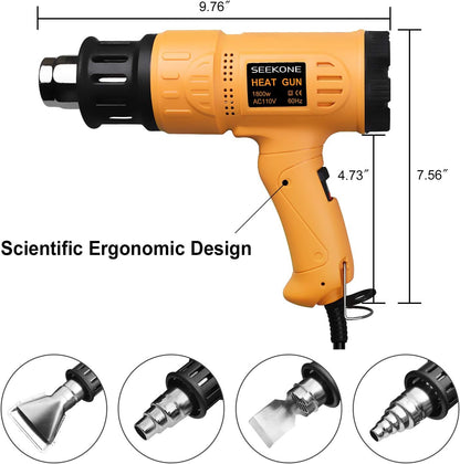 SEEKONE Heat Gun 1800W 122-120250- 650Fast Heating Heavy Duty Hot Air Gun Kit Variable Temperature Control Overheat Protection with 4 Nozzles for