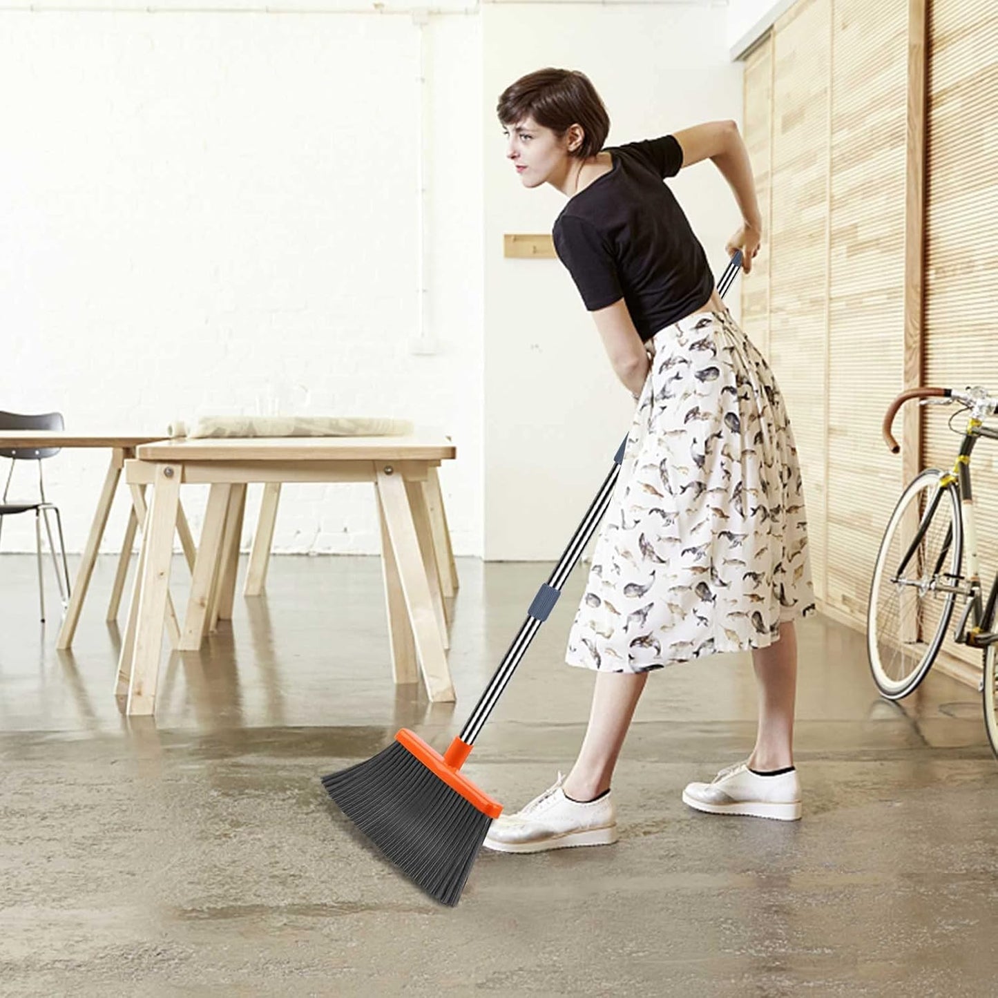 kelamayi Upgrade Broom and Dustpan Set, Self-Cleaning with Dustpan Teeth, Indoor&Outdoor Sweeping, Ideal for Dog Cat Pets Home