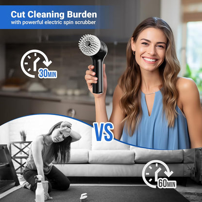 PUFTEM Electric Spin Scrubber, Cordless Shower Scrubber with Battery Level Display, 2 Speeds Electric Scrubber for Cleaning with 6 Replaceable
