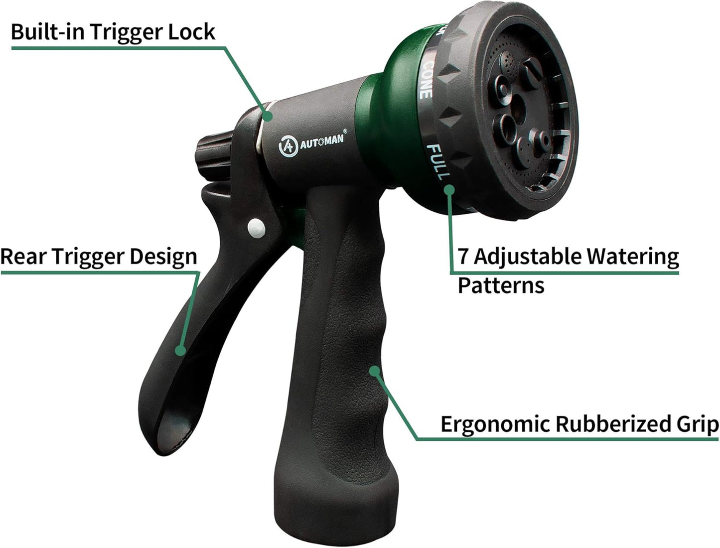 AUTOMAN-Garden-Hose-Nozzle, ABS Water Spray Nozzle with 7 Adjustable Watering Patterns, Slip Resistant for Watering Plants, Lawn&