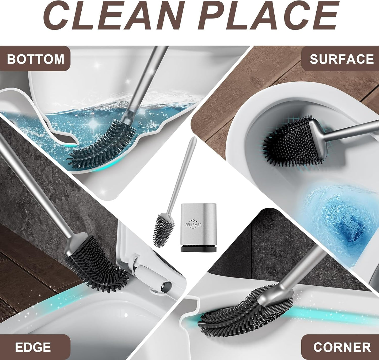 Sellemer Toilet Brush and Holder Set - Flexible Toilet Bowl Brush Head with Silicone Bristles, Compact Size for Storage and