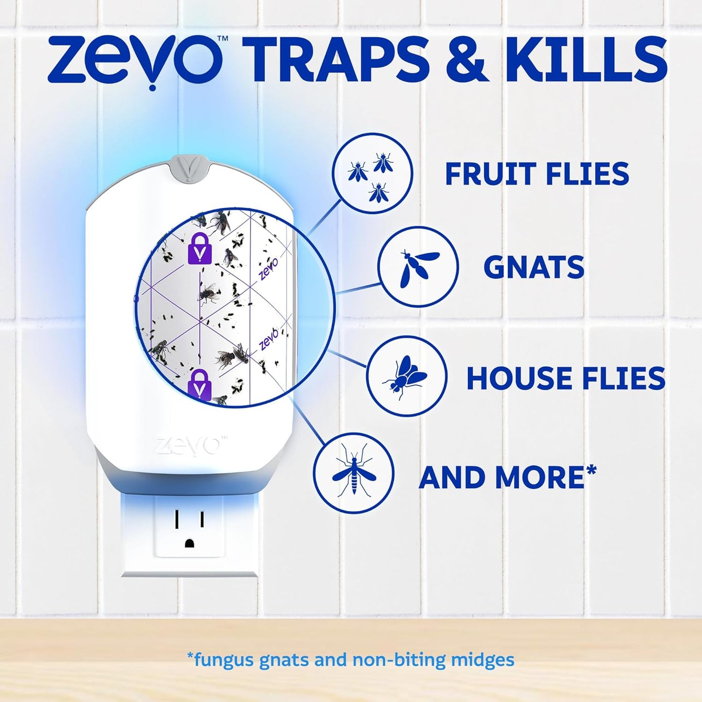 Zevo Flying Insect Trap & 3 Refill Cartridges - Plug in Fly Trap & Indoor Bug Catcher for Gnats, House & Fruit Flies - Blue & UV Light