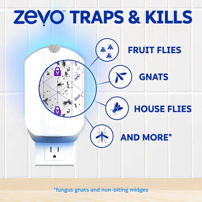 Zevo Flying Insect Trap & 3 Refill Cartridges - Plug in Fly Trap & Indoor Bug Catcher for Gnats, House & Fruit Flies - Blue & UV Light