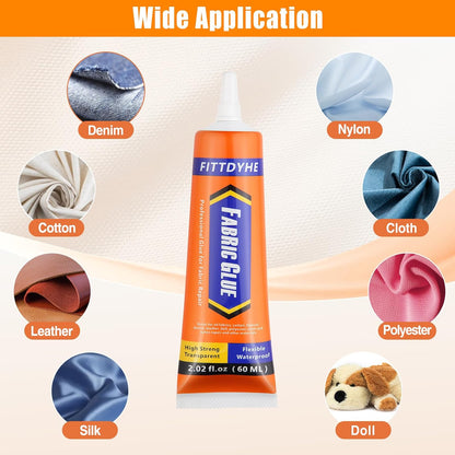 FITTDYHE Fabric Glue Permanent, 60 ML Washable Clear Clothing Glue, Super Fabric Glue for Rhinestones, Patches, Clothes, Denim, Leather