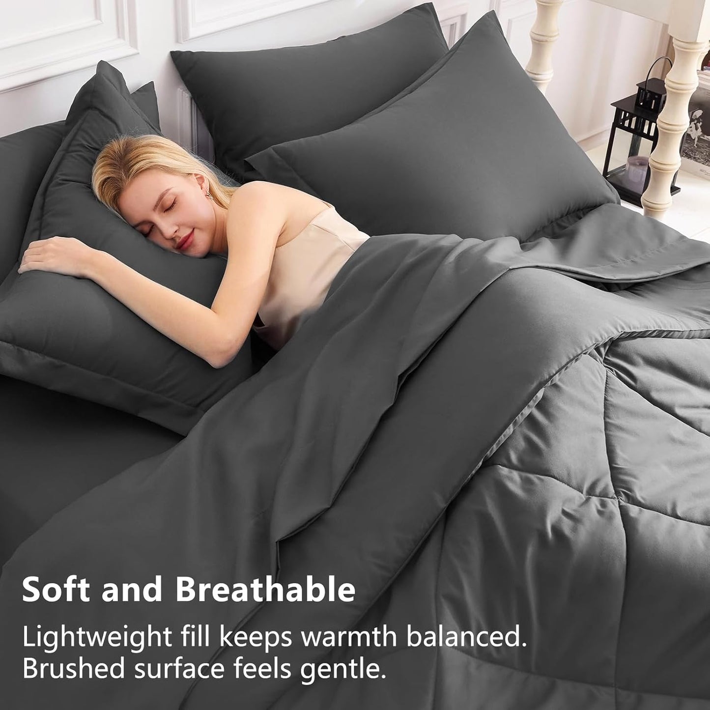 CozyLux Queen Comforter Set Dark Grey - Bed in a Bag Queen Size 7 Pieces, Luxury Soft Bed Set for All Seasons, Bedding Set with Comforter