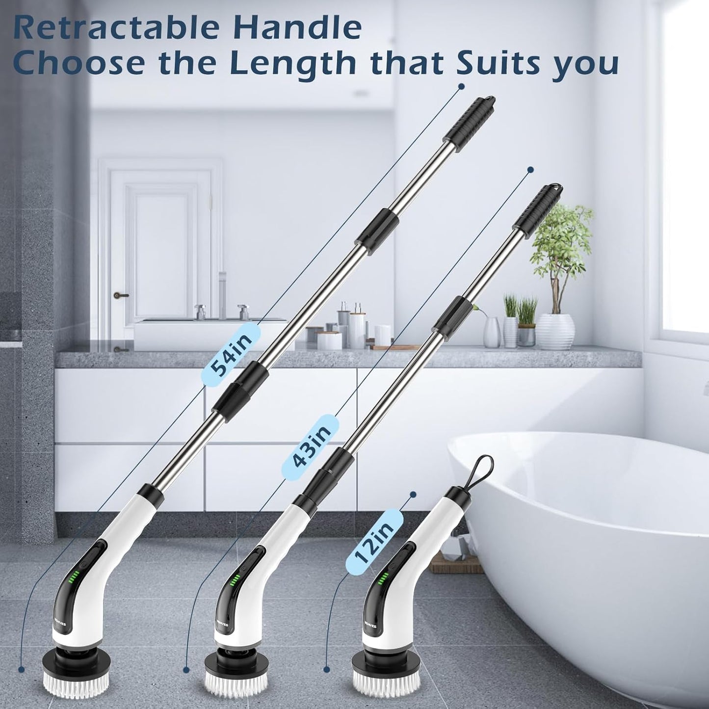 Bomves Electric Spin Scrubber, Cordless Cleaning Brush Scrubber for Home, 8 Replaceable Brush Heads-90Mins Work Time, 3 Adjustable