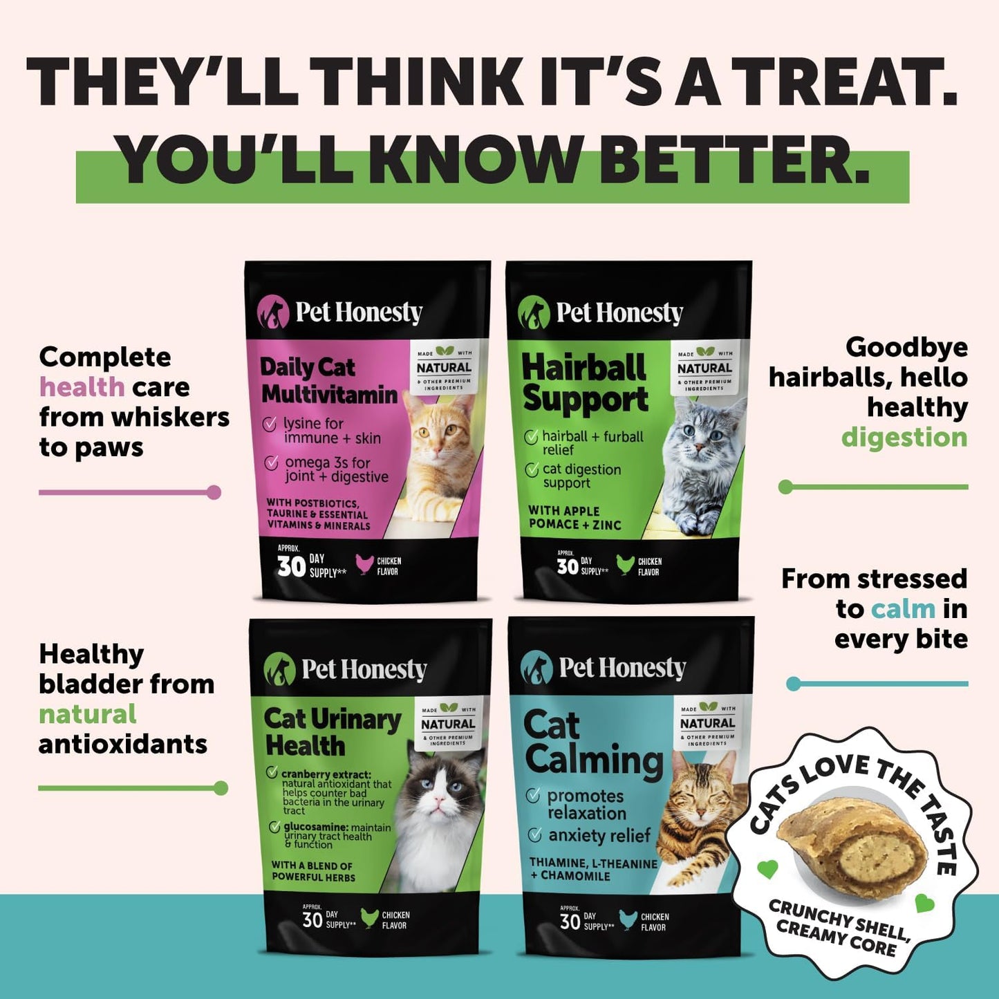 Cat Hairball Support Crunchy & Creamy Chews, Hairball Remedy Treats, Cat Furball Treatment, Supports Skin & Coat, Vitamins for