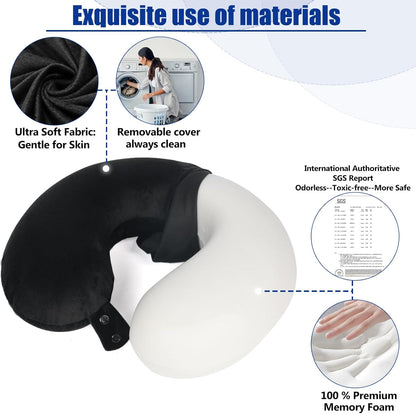 SAIREIDER Travel Pillow 100% Pure Memory Foam Travel Neck Pillow, Airplane Pillow for TravelingCarHomeOfficeWashable CoverBlack