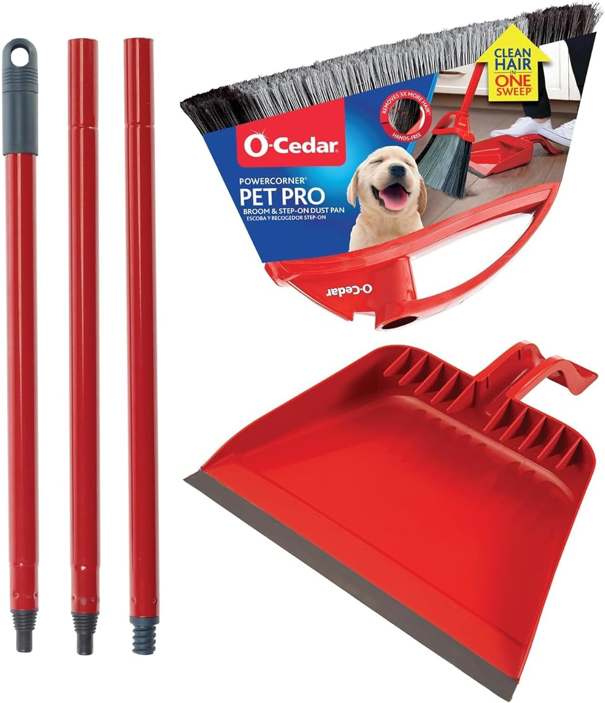 O-Cedar Pet Pro Broom with Step-On Dustpan, Remove 99% with One Sweep, Removes 3 Times More Pet Hair, Quiet Cleaning Tool for Cat and Dog Owners