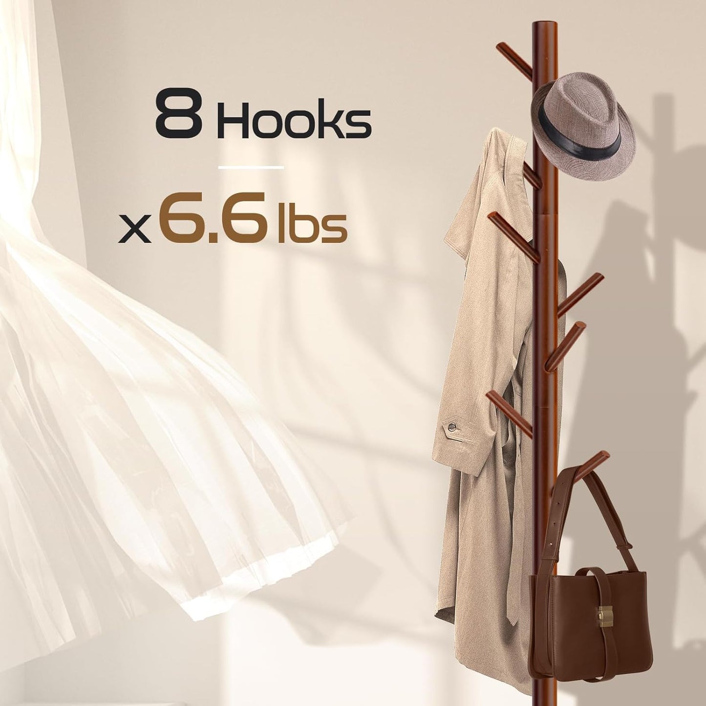 Solid Wooden Coat Rack Freestanding, New Zealand Pine Coat Tree with 8 Hooks & 3 Adjustable Sizes for Coats, Hats, Handbags and