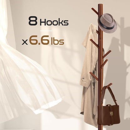 Solid Wooden Coat Rack Freestanding, New Zealand Pine Coat Tree with 8 Hooks & 3 Adjustable Sizes for Coats, Hats, Handbags and