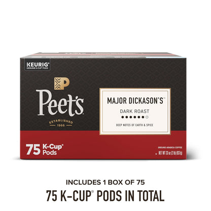 Peet's Coffee, Dark Roast Keurig K-Cup Pods, 100% Arabica Coffee - Major Dickason's Blend 75 Count (1 Box of 75 Pods)