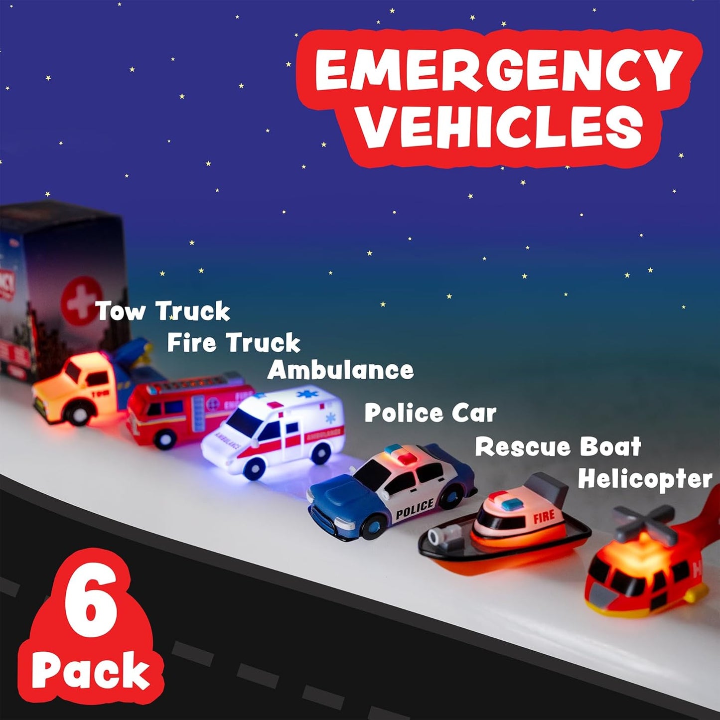 Tub Works Emergency Cars Light Up Bath Toys, 6 Pack, Water-Activated Light Up Toys Flash & Change Color, Soft, Squeezable Baby & Toddler Bath