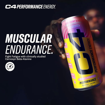 C4 Performance Energy Drink, Strawberry Blast, Zero Sugar Carbonated Preworkout Energy, 200mg Caffeine with Beta Alanine, 16 Fl Oz (12 Pack)