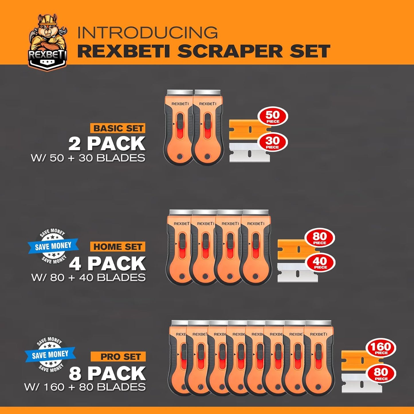 REXBETI Razor Blade Scraper Tool, 2 Pack Razor Scraper Set with Extra 80Pcs Razor Blades -30Pcs Metal and 50Pcs Plastic Blades, Cleaning Scraper