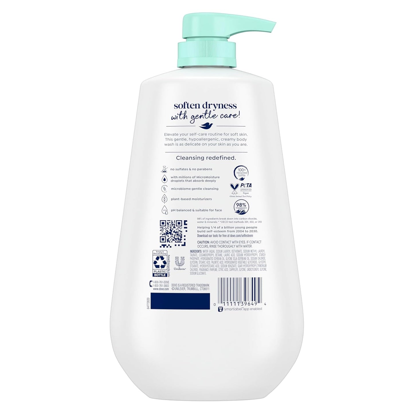 Dove Body Wash with Pump Sensitive Skin For 24hr Lotion-Soft Skin Moisturizing Skin Cleanser Gentle Hypoallergenic Formula with No Sulfates No