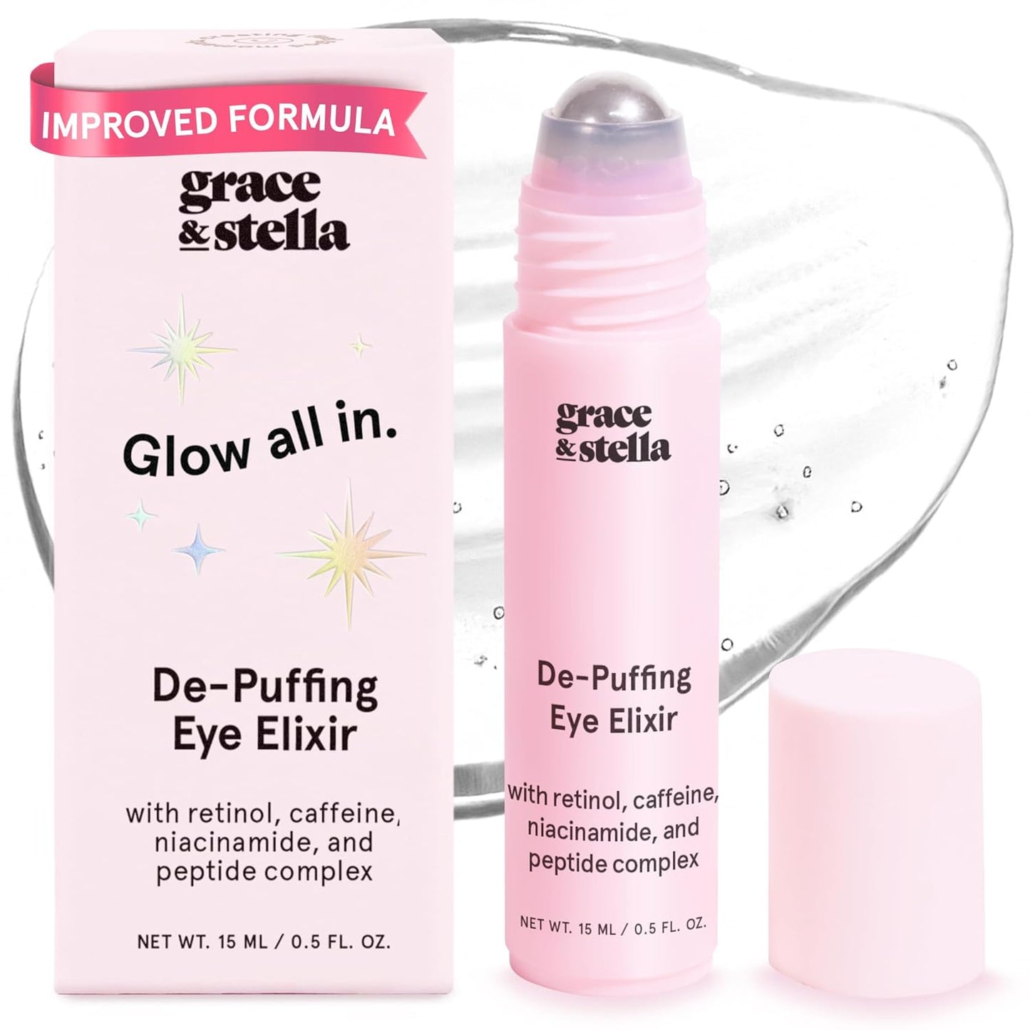 grace & stella Under Eye Brightener Roller - Airplane Travel Essentials - Travel Size Toiletries - Retinol & Caffeine Eye Serum for