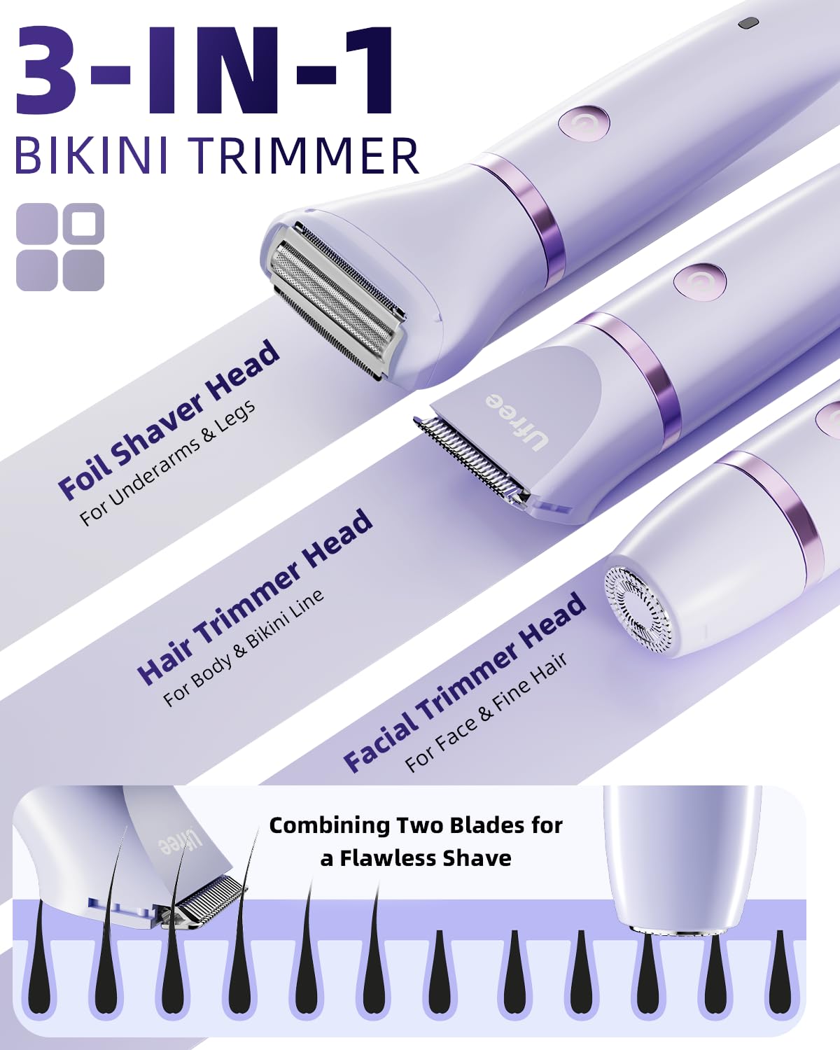 Ufree Bikini Trimmer Electric Razors for Women, Rechargeable Pubic Body Hair Trimmer Electric Shaver for Legs Body