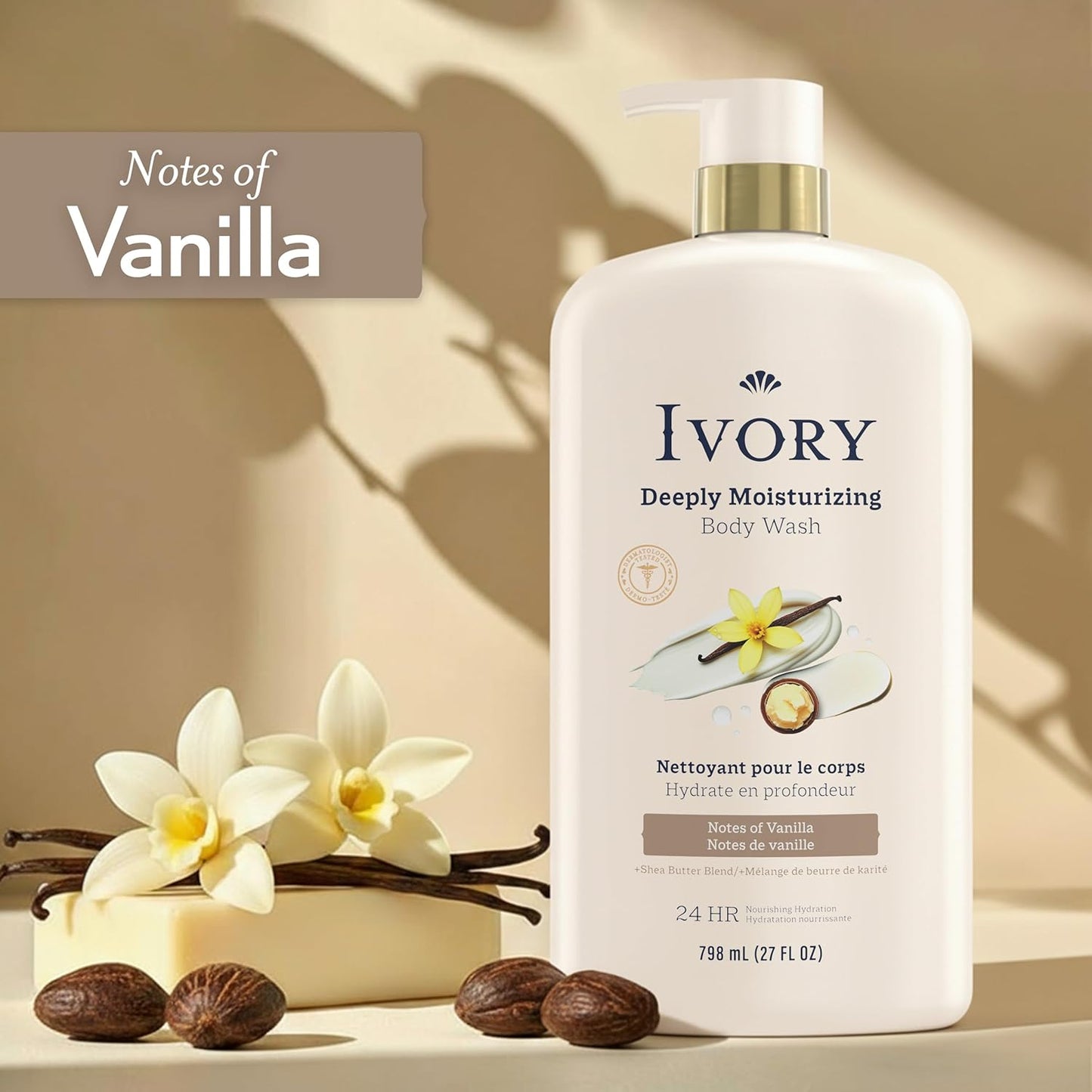 Ivory Body Wash, Deeply Moisturizing, 24hr Nourishing Hydration, Soothes Itchy Dry Skin, Made with Shea Butter