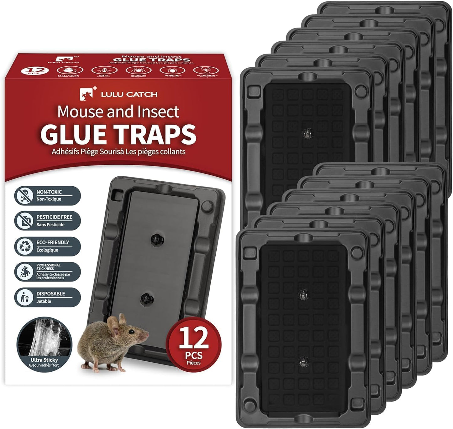 LULUCATCH Mouse & Insect Traps 12 Pack, Heavier Sticky Traps with Non-Toxic Glue for Small Mice & Insects. Sticky Mouse Traps Indoor, Easy to