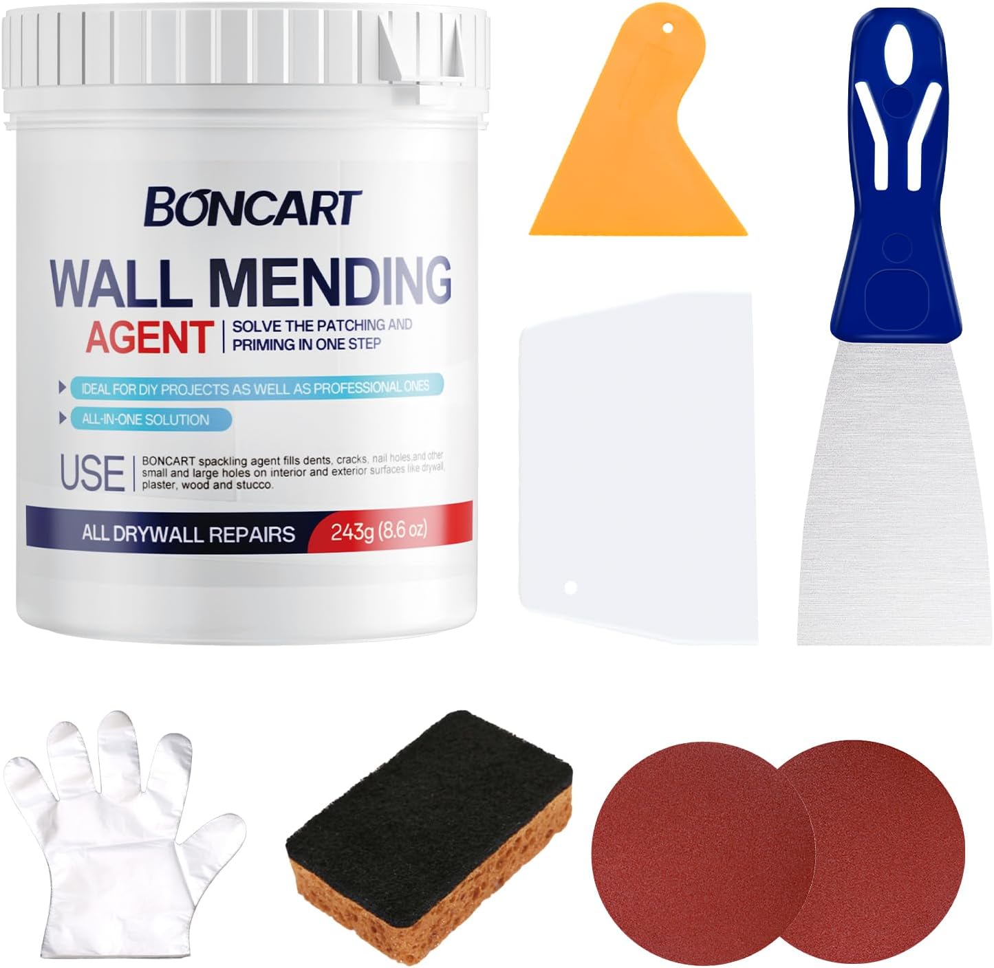 BONCART 8.6oz Drywall Patch Repair Kit - Professional All-in-1 Tool Set (Scrapers/Sandpaper/Texture Sponge/Gloves/Putty Knife) for Fast Wall Hole