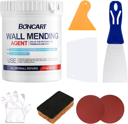 BONCART 8.6oz Drywall Patch Repair Kit - Professional All-in-1 Tool Set (Scrapers/Sandpaper/Texture Sponge/Gloves/Putty Knife) for Fast Wall Hole