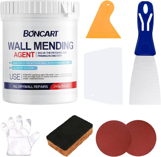 BONCART 8.6oz Drywall Patch Repair Kit - Professional All-in-1 Tool Set (Scrapers/Sandpaper/Texture Sponge/Gloves/Putty Knife) for Fast Wall Hole