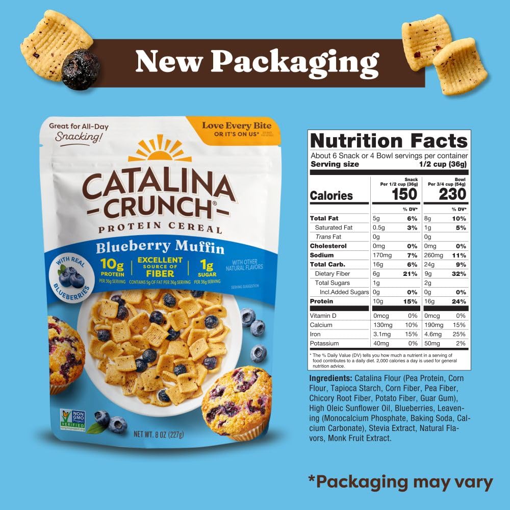 Catalina Crunch Protein Cereal - Breakfast Cereal with 10g of Protein, No Added Sugar - Gluten Free - Blueberry Muffin - 8 oz. Bag