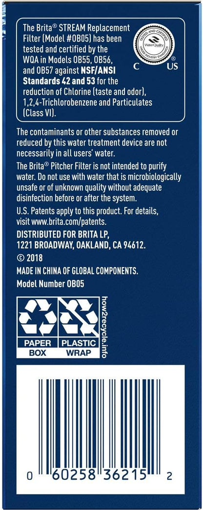 Brita Stream Pitcher Water Filter for Pitchers and Dispensers, BPA-Free, Replaces 1,800 Plastic Water Bottles a Year, Lasts Two Months or 40
