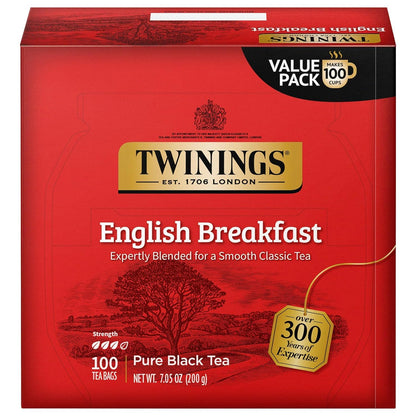 Twinings English Breakfast Black Tea Individually Wrapped Bags, 100 Count, Smooth, Flavourful, and Robust, Caffeinated, Enjoy Hot or Iced, 100 Teabags