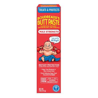 Boudreauxs Butt Paste Max Strength Diaper Rash Cream for Baby, Ointment With Zinc Oxide, 4 oz Tube
