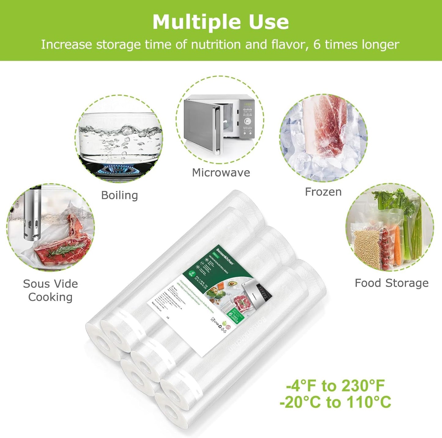 Bonsenkitchen Vacuum Sealer Rolls Bags, 6 Pack 3 Rolls 11" x 20' + 3 Rolls 8" x 20' Commercial Grade BPA Free Bag