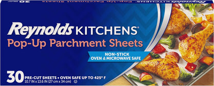Reynolds Kitchens Pop-Up Parchment Paper Sheets, 30 Count, Fits Standard Baking Pans and Cookie Sheets, Non-Curling, Non-Stick