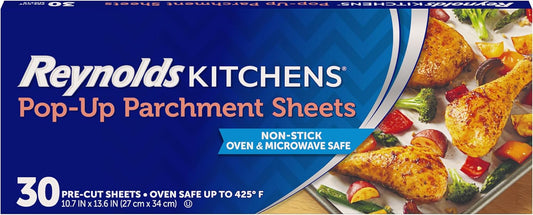 Reynolds Kitchens Pop-Up Parchment Paper Sheets, 30 Count, Fits Standard Baking Pans and Cookie Sheets, Non-Curling, Non-Stick
