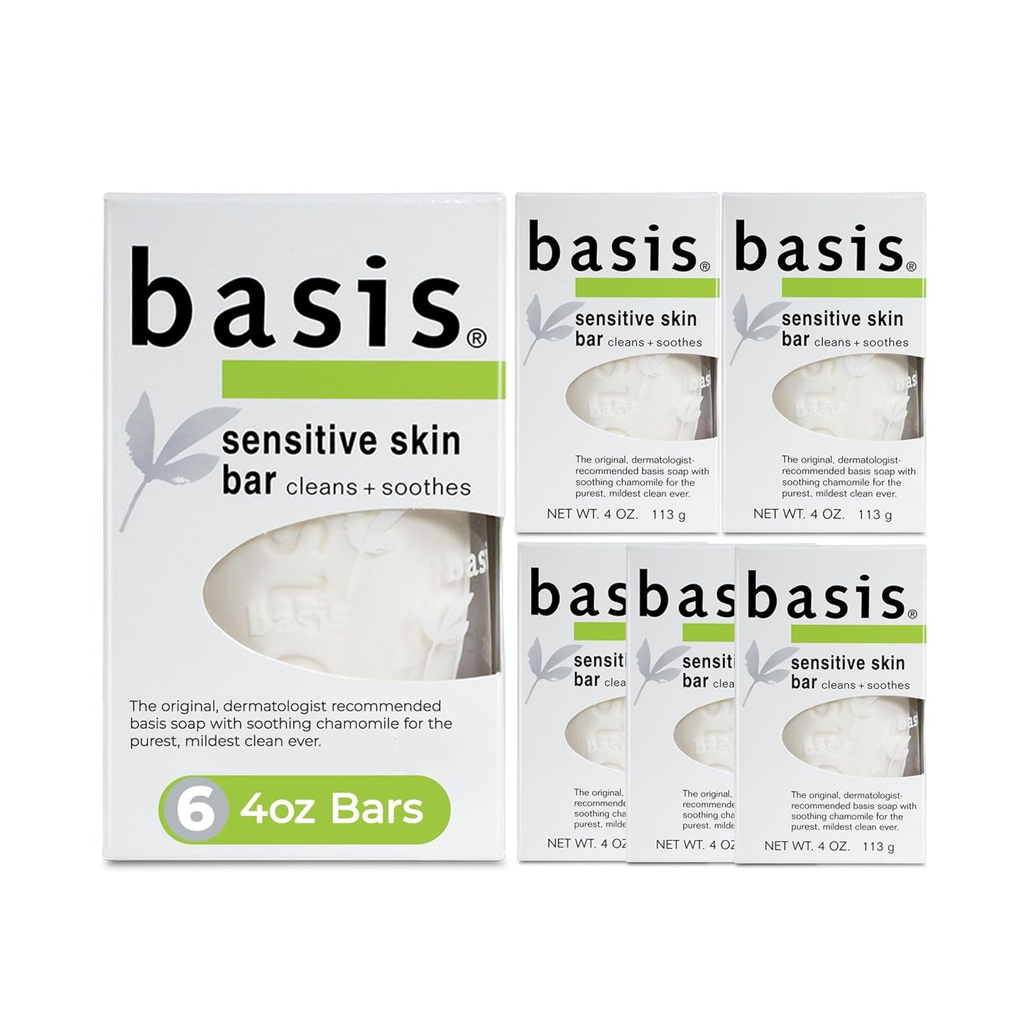 Basis Sensitive Skin Bar Soap for Body, Hands and Face, Unscented Soap Bar for Sensitive Skin with Chamomile and Aloe Vera, Bar Soap Bulk